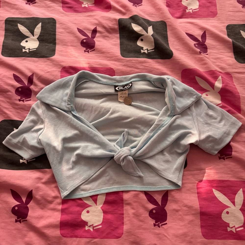 Elan Sky Blue Collared Tie-Front Top